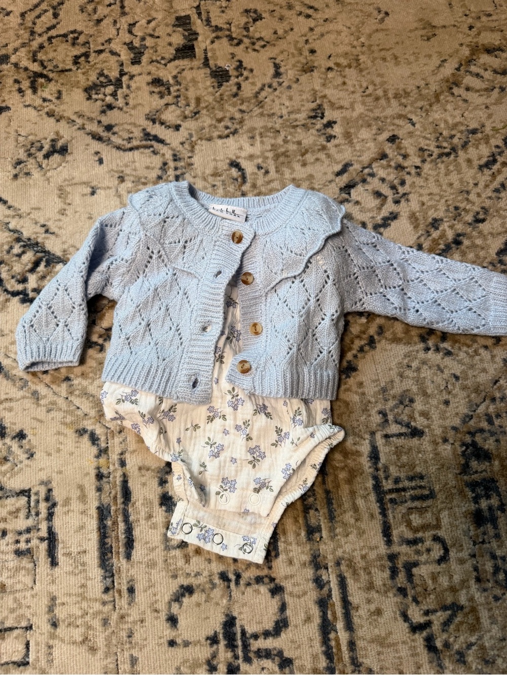 Light Blue Knit Baby Cardigan with Floral Bodysuit